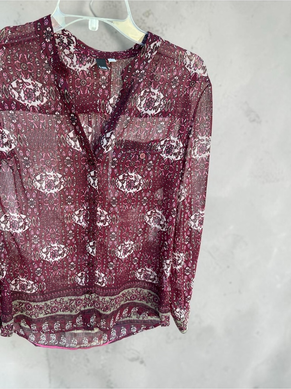 Kut from the Kloth Maroon Printed Sheer V-Neck Blouse